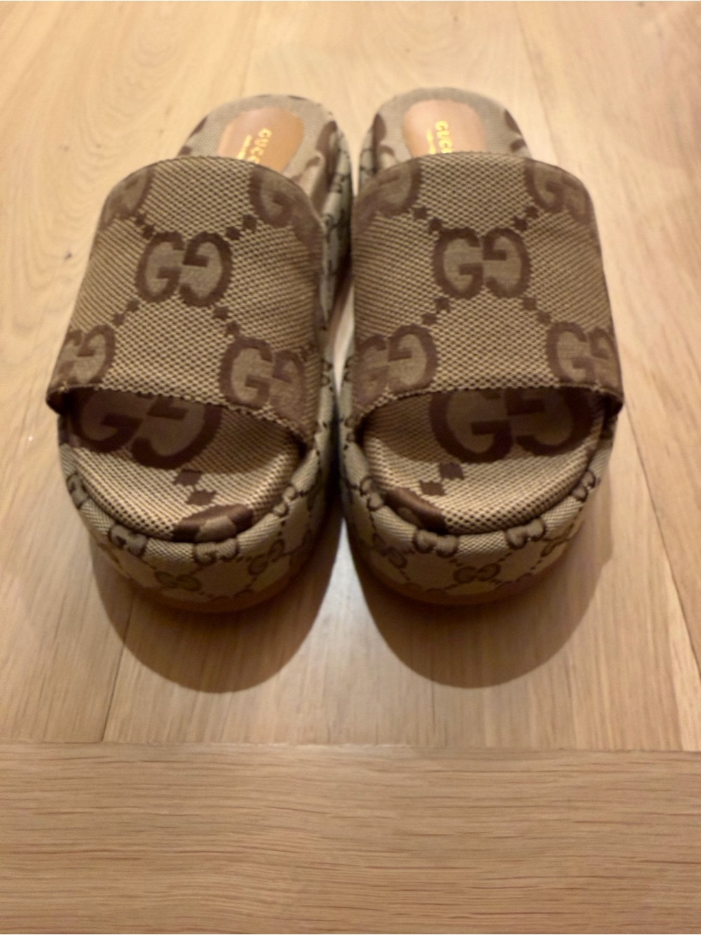 Gucci Beige and Brown GG Canvas Platform Slides